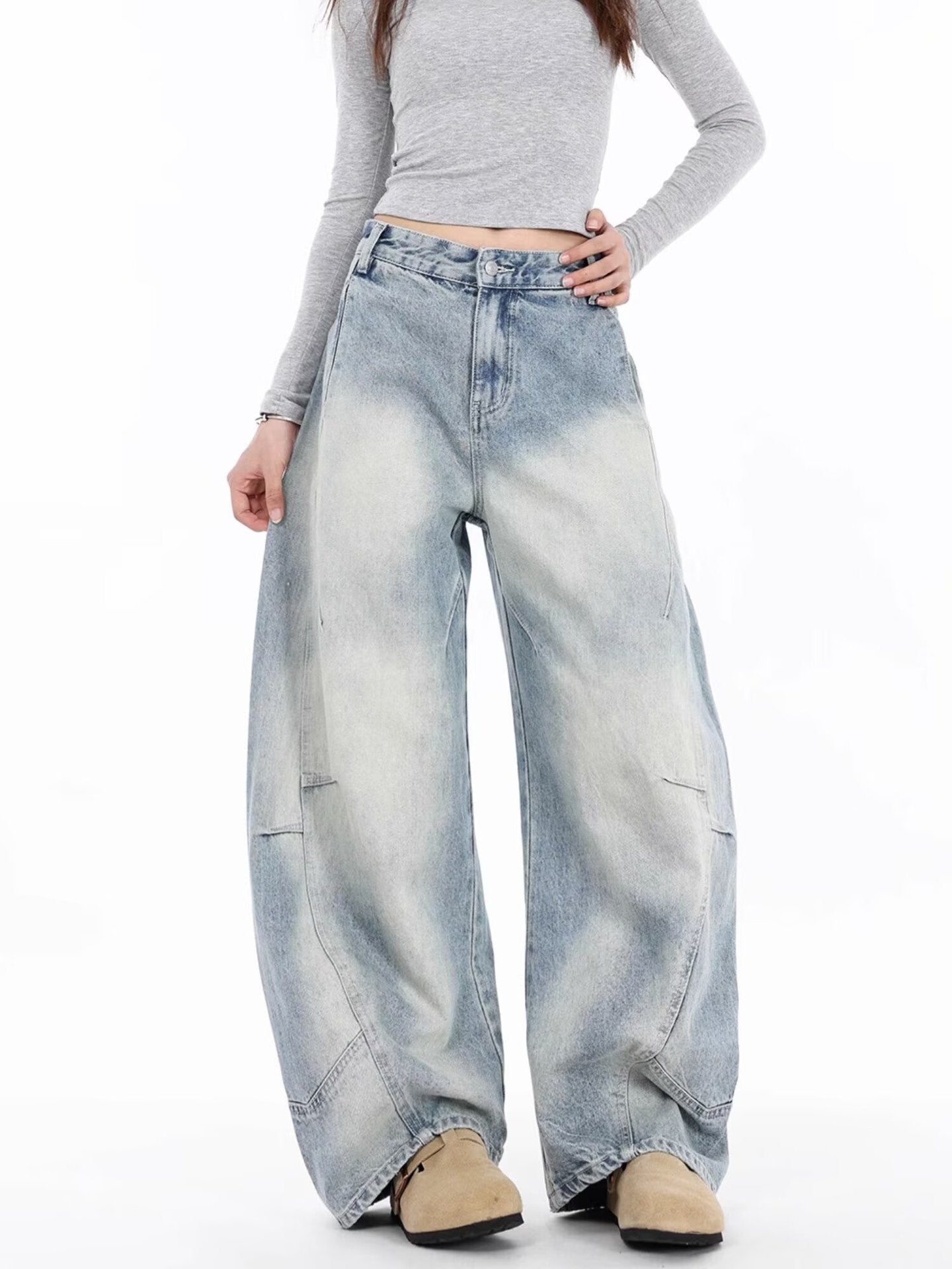 Vintage Distressed Straight Wide Leg Jeans