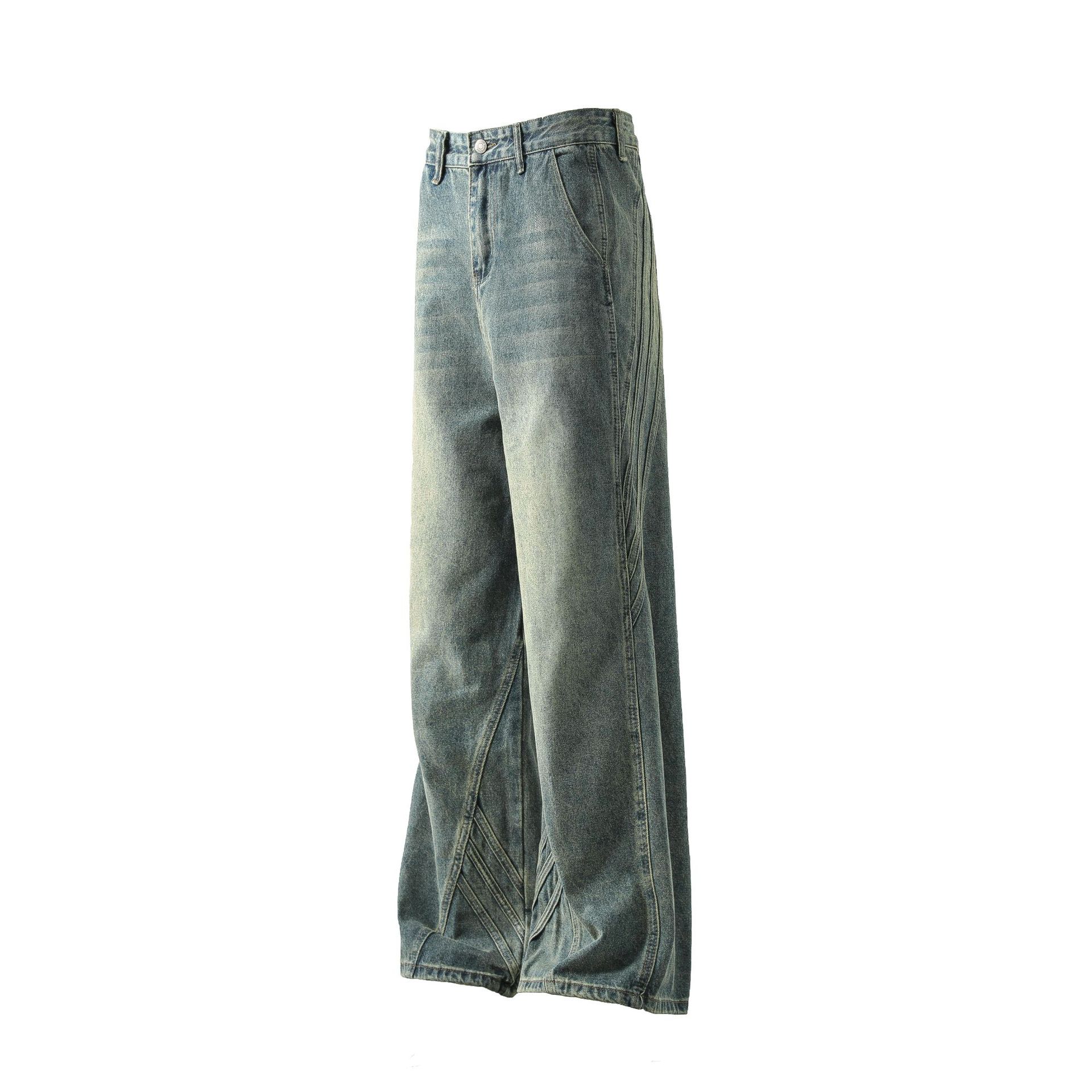 American-style Vintage Distressed Striped Patchwork Jeans