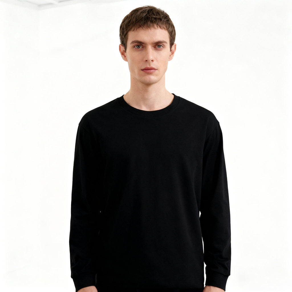 Solid-color Heavyweight Pure Cotton Crew-neck Long-sleeve T-shirt For Women