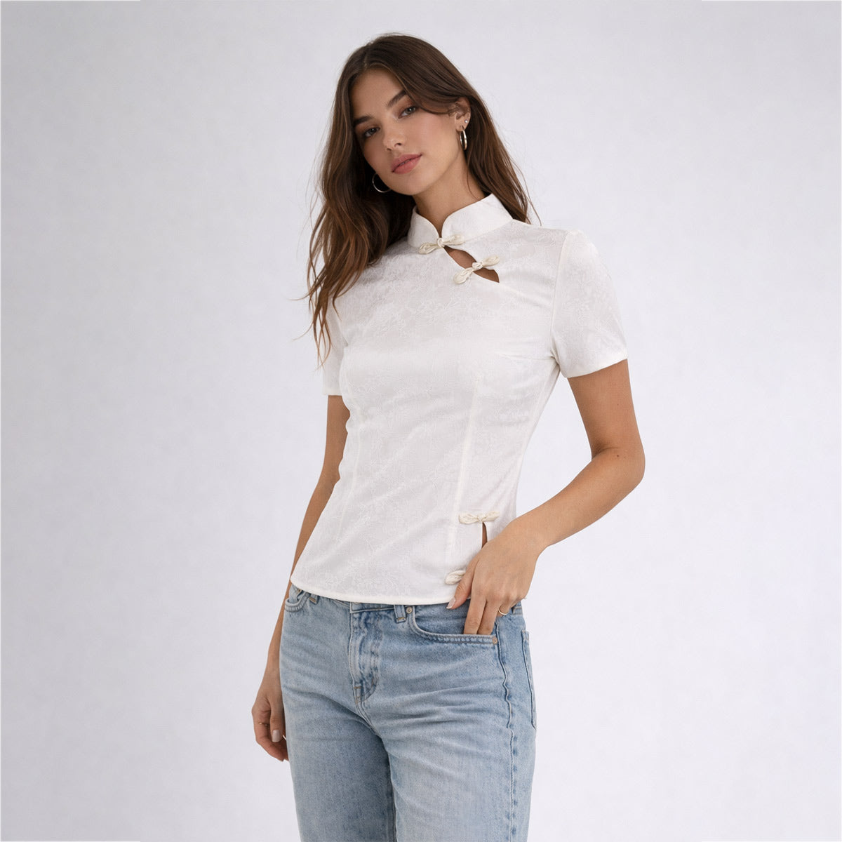 Elegant White Mandarin Collar Top