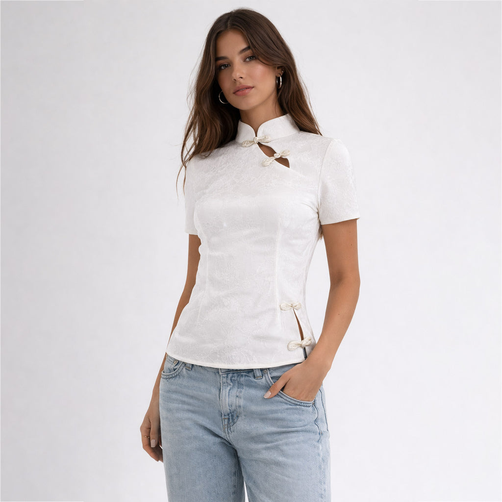 Elegant White Mandarin Collar Top