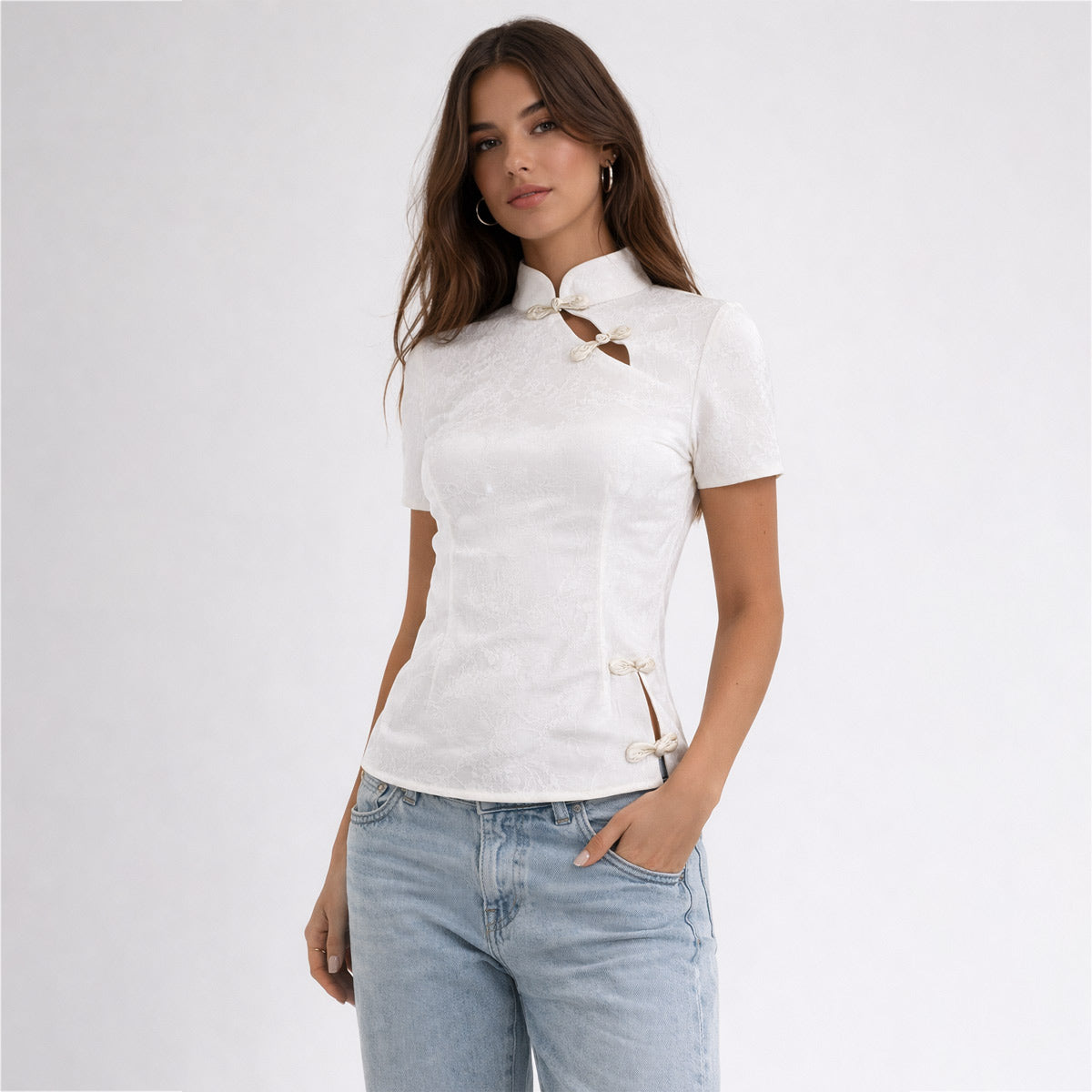 Elegant White Mandarin Collar Top