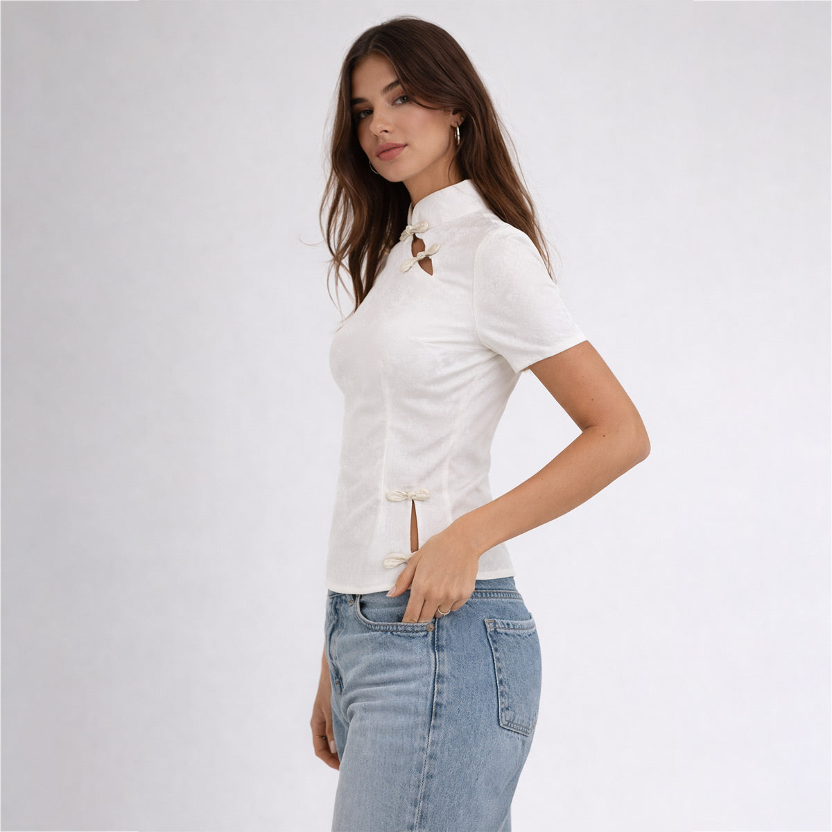 Elegant White Mandarin Collar Top
