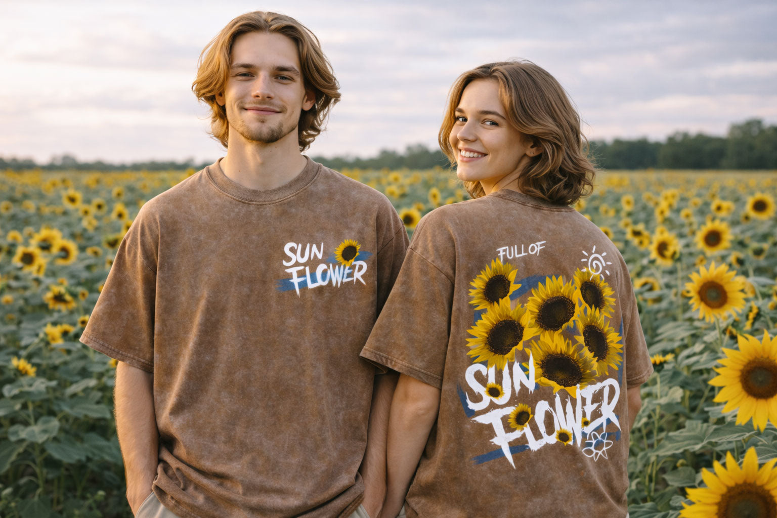 Two people wearing brown t-shirts with sunflower designs in a sunflower field.